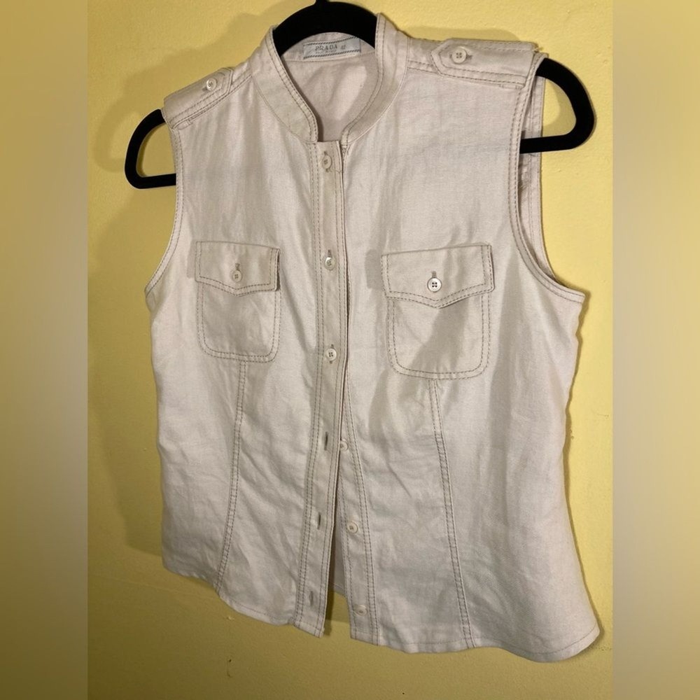 Prada Vest Womens Sz L Cream 100% Linen Button Up Utility Safari Made In Italy - Picture 4 of 9